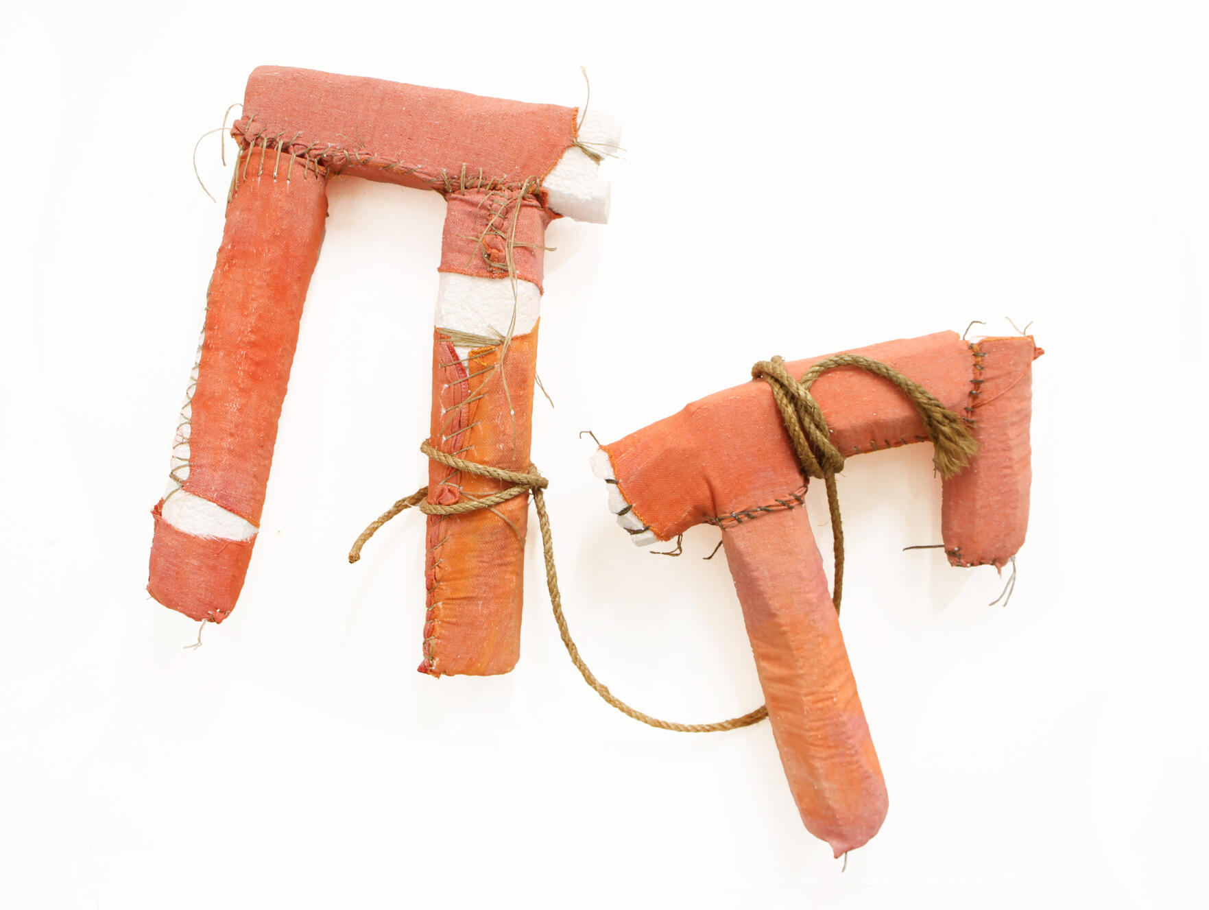 "Life Jacket 2 and 3", 2023, shop rag, sinew, styrofoam, rope, 36" × 24".